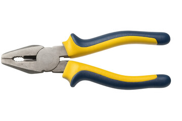 Obraz premium Combination pliers featuring ergonomic yellow-blue handles, cutting wires and gripping metal objects against transparent backdrop