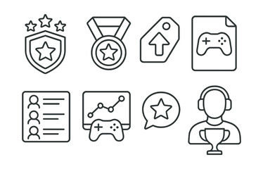 Line style icons of gaming competitions: game rank icon, top player badge, level up tag, tournament game file, player leaderboard board, game performance chart, gaming result bubble, gamer