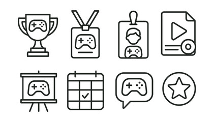 Line style icons of gaming events: tournament icon, gaming convention badge, fan meetup tag, live event file, gaming expo board, event schedule chart, game exhibition bubble, event symbol.