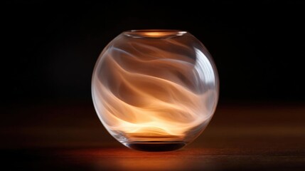 Close-up of a glass vase on a wooden surface. the vase is round and transparent, with a smooth surface. it appears to be empty, with no other objects or decorations inside.