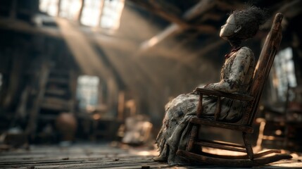 Fototapeta premium Eerie Doll in Abandoned Setting Creepy Atmosphere with Sunlight Streaming Through Windows
