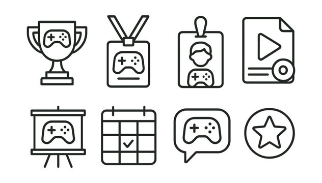 Line style icons of gaming events: tournament icon, gaming convention badge, fan meetup tag, live event file, gaming expo board, event schedule chart, game exhibition bubble, event symbol.