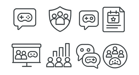 Line style icons of game community: forum icon, player group badge, online chat tag, community event file, social sharing board, fan club chart, player collaboration bubble, gaming community symbol.