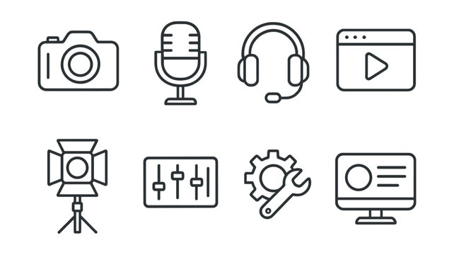 Line style icons of streaming setup: camera icon, microphone badge, headset tag, streaming console file, lighting setup board, streaming tools chart, broadcast screen bubble, streaming gear symbol.