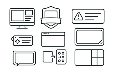 Line style icons of stream overlays: screen layout icon, border badge, alert system tag, webcam overlay file, stream graphics board, transition effects chart, frame bubble, design layout symbol.