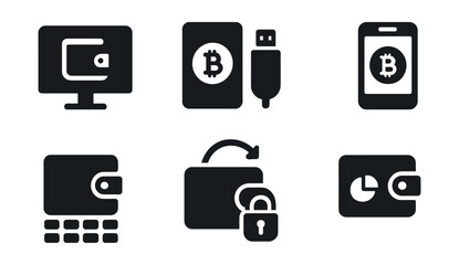 Solid style icons of digital wallets: software wallet, cold wallet, mobile crypto app, seed phrase icon, wallet backup, restore icon, private key lock, wallet dashboard.