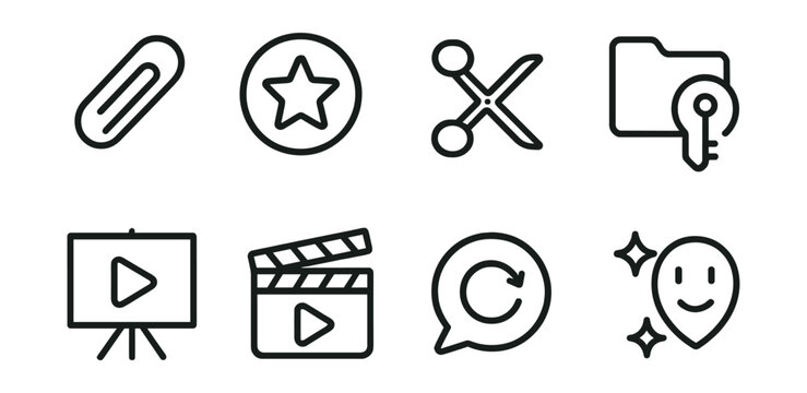 Line style icons of stream highlights: clip icon, highlight badge, video cut tag, key moment file, stream recap board, highlight reel chart, replay bubble, memorable moment symbol.