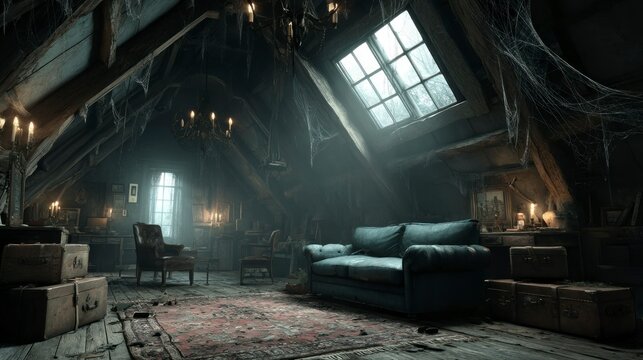 Eerie Attic with Vintage Furniture and Spiderwebs Haunted House Interior Spooky Atmosphere O