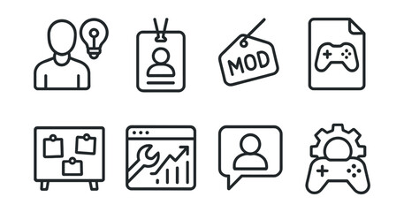 Line style icons of mod developers: creator icon, developer badge, modder tag, game dev file, modding community board, developer tools chart, modder support bubble, game development symbol.
