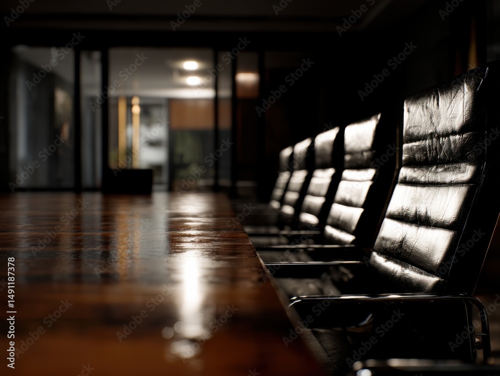 Poster empty conference room table and chairs, representing corporate strategy and business meeting space f