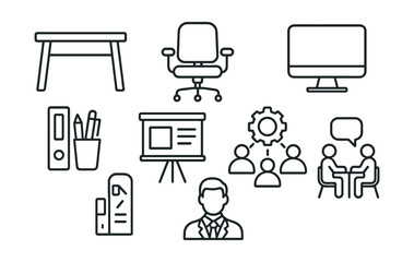 Line style icons of office environment: desk icon, chair badge, computer tag, office supplies file, workspace board, team collaboration chart, meeting room bubble, professional setting symbol.