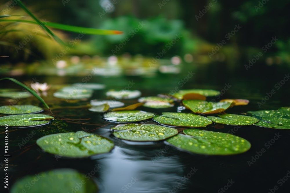 Poster Lily Pads Floating on a Pond With Water Droplets, Symbolizing Tranquility and Environmental Awareness for Conservation Efforts : Generative AI