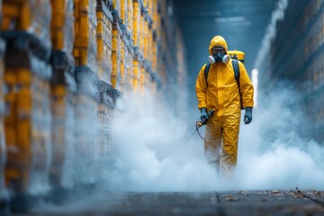 Worker in yellow hazmat suit spraying disinfectant in warehouse aisle with mist, safety and protection protocol during epidemic