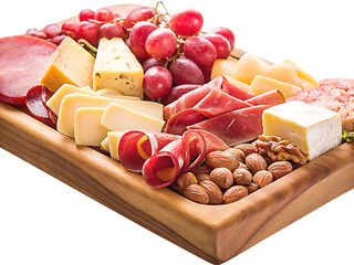neatly arranged charcuterie board with cheeses and cured meat isolated on white background PNG