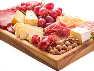 neatly arranged charcuterie board with cheeses and cured meat isolated on white background PNG