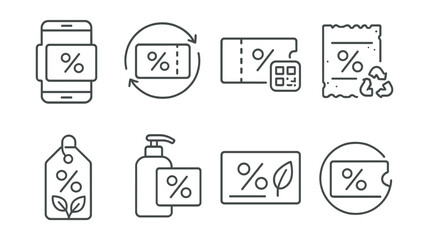 Line style icons of recycled and sustainable coupons: digital-only promo icon, paperless voucher badge, reusable promo QR, recycled paper coupon, eco ink tag, refill deal icon, sustainable product