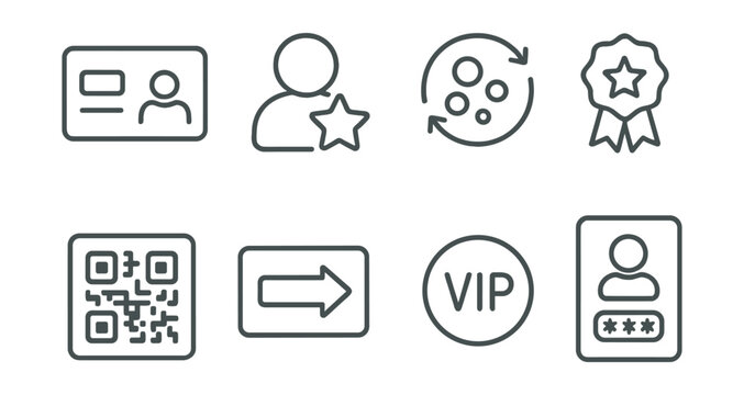 Line style icons of loyalty program basics: loyalty card, user profile with star, point accumulation icon, tier level badge, membership QR code, “join now” card, VIP circle icon, member login screen.