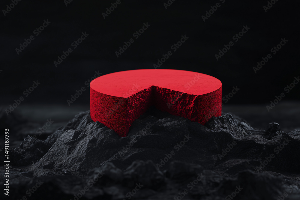 Poster a captivating red circular object with a slice missing, resting on a textured dark surface. the vibr