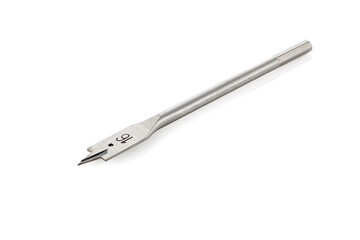 Feather wood drill bit isolated on white background. Spade drill. Carpenter's tools background.