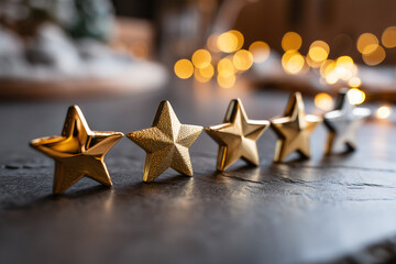Five golden stars on a dark background, signifying high quality and excellence. The twinkling lights in the background create a festive and celebratory atmosphere.