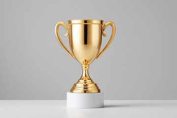 A gleaming golden trophy standing proudly on a white surface. The trophy is a symbol of achievement, success, and recognition.