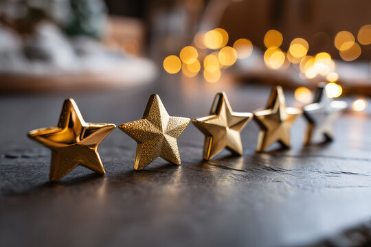 Five golden stars on a dark background, signifying high quality and excellence. The twinkling lights in the background create a festive and celebratory atmosphere.