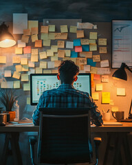 Creative workspace illuminated by warm light, featuring a person focused on a computer surrounded by sticky notes and planning materials in the evening