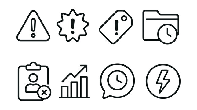 Line style icons of urgent reminders: emergency alert icon, immediate action badge, critical task tag, urgent deadline file, emergency contact board, response required chart, time-sensitive bubble,