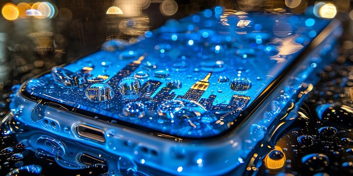 City reflected in water drops on phone - Powered by Adobe