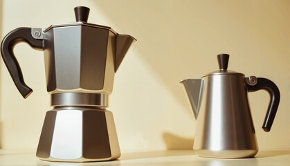 Stylish metal coffee maker and kettle on a bright background, minimalist design featuring sleek lines and monochromatic colors, urban kitchen concept of coffee shops or home brewers