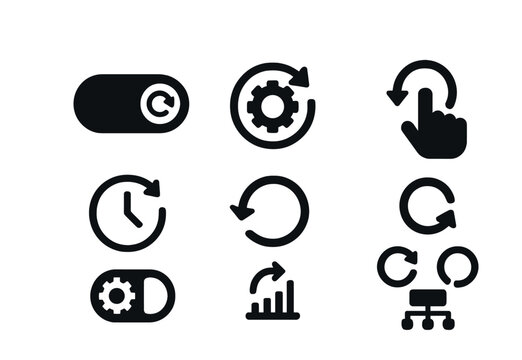 Solid style icons of manual vs automatic update: auto-update toggle, refresh with gear, manual update button, scheduled update clock, background sync icon, auto arrow loop, refresh settings, update