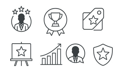 Line style icons of industry awards: industry leader icon, business trophy badge, sector achievement tag, corporate recognition file, market excellence board, business ranking chart, industry