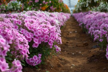Obraz premium Rows of Beautiful Phlox Blossom in a Greenhouse Environment, Featuring Pink and White Petals Growing in a Horticultural Garden