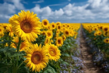 Obraz premium Vibrant sunflowers in a field stretch toward the horizon under a partly cloudy sky in a floral agriculture landscape.