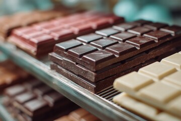 Assortment of various stacked flavored cocoa bars on metal display, showcasing dark, milk, and white chocolate options