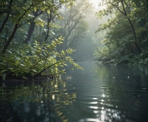 Fototapeta premium Watery blur, indistinct foliage, gentle movement, river, pond