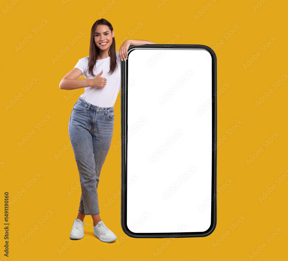Poster cool mobile offer. happy casual lady leaning on huge cellphone with empty white screen, showing thum