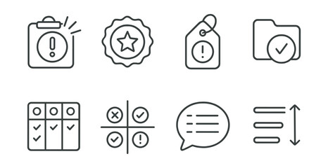 Line style icons of task prioritization tools: urgent task icon, priority level badge, importance scale tag, action item file, task classification board, decision matrix chart, focused list bubble,