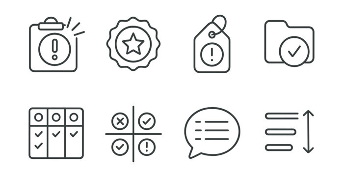 Line style icons of task prioritization tools: urgent task icon, priority level badge, importance scale tag, action item file, task classification board, decision matrix chart, focused list bubble,