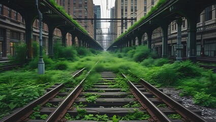 Fototapeta premium Overgrown City Train Tracks: Green Vegetation Reclaiming Grey Urban Ruins created with generative ai