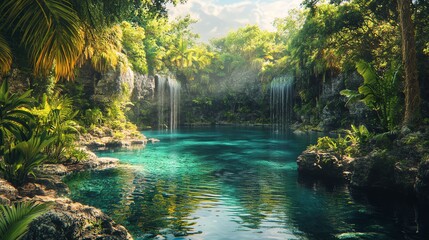 Obraz premium The stock photo showcases a vibrant tropical jungle teeming with exotic animals.