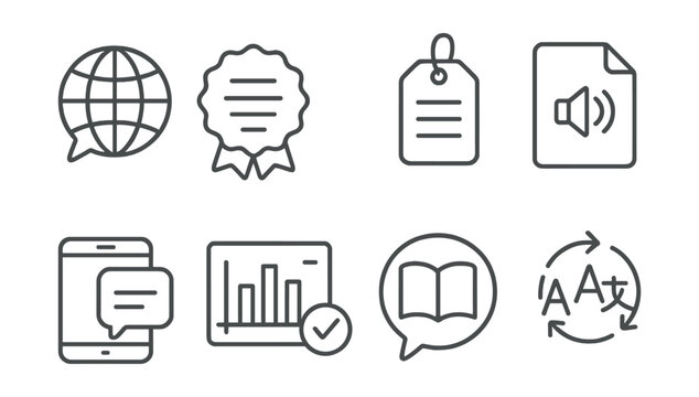 Line style icons of language learning: language icon, vocabulary badge, grammar tag, pronunciation file, language app board, language exercises chart, study session bubble, multilingual symbol.