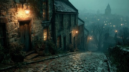 Cozy Evening in a Historic Village with Cobblestone Streets and Warm Lanterns