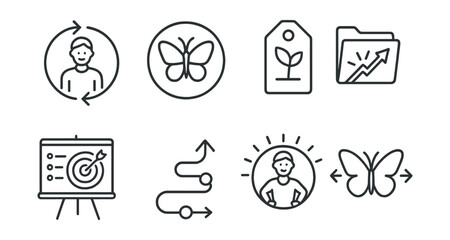 Line style icons of life transformation: life change icon, transformation badge, new beginnings tag, breakthrough session file, life goals board, path to success chart, empowered self bubble,