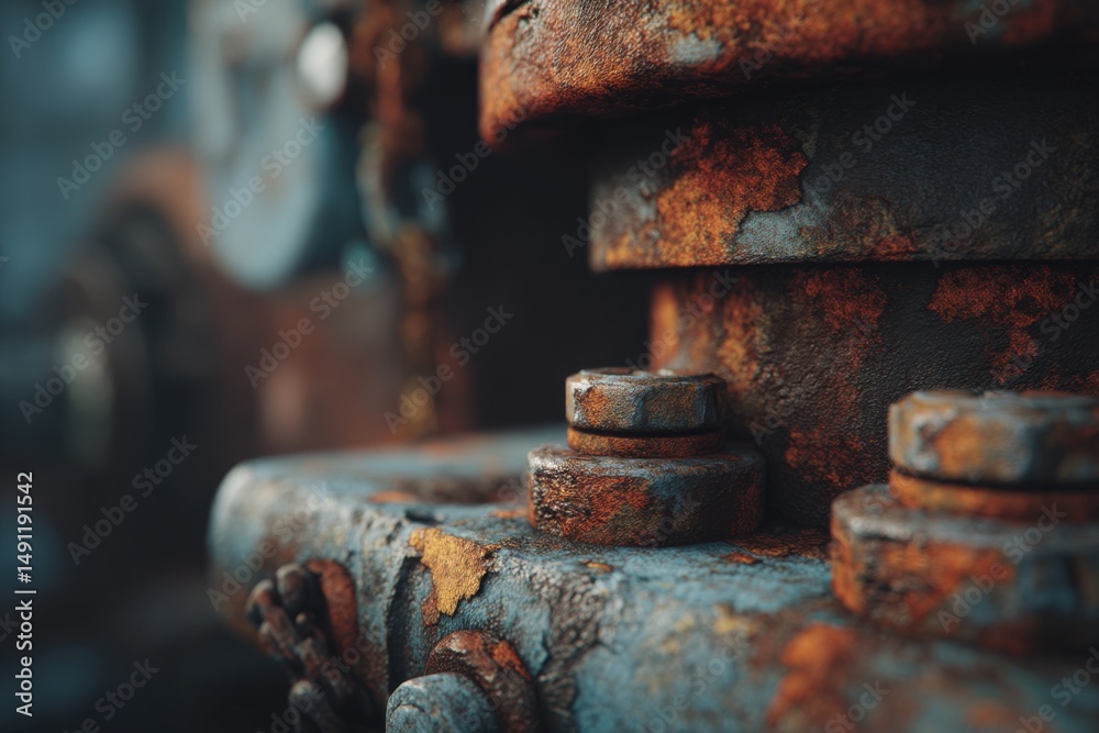 Poster close-up of rusted industrial metal structure, representing decay and engineering challenges, ideal 