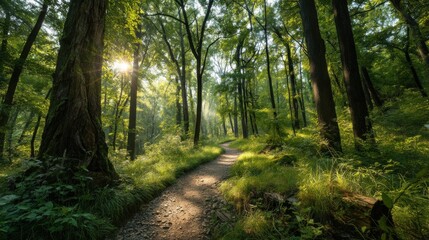 Fototapeta premium Sunlit Forest Path Through Lush Green Trees, Representing Tranquility and Outdoor Recreation for Wellness Retreats and Nature Tourism Campaigns : Generative AI