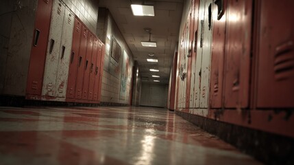 Eerie School Hallway With Red Lockers, Evoking Fear and Isolation, Ideal for Horror Film Production and Halloween Promotion : Generative AI