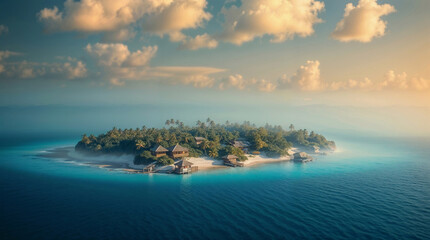 Obraz premium Tropical island resort with overwater bungalows and lush palms at sunset