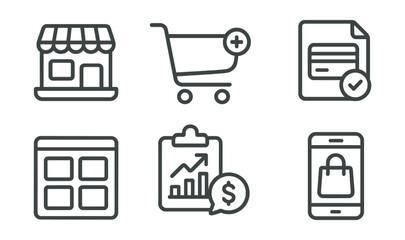 Line style icons of e-commerce: online store icon, shopping cart badge, checkout tag, payment gateway file, product catalog board, customer order chart, e-commerce transaction bubble, digital