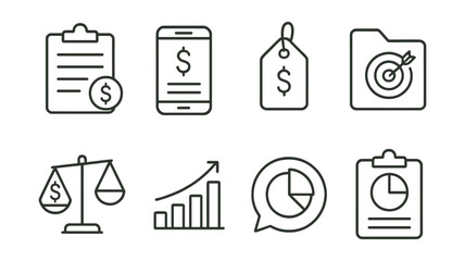 Line style icons of budgeting: budget plan icon, expense tracker badge, income summary tag, savings goal file, financial balance board, expenditure chart, cost breakdown bubble, budget overview